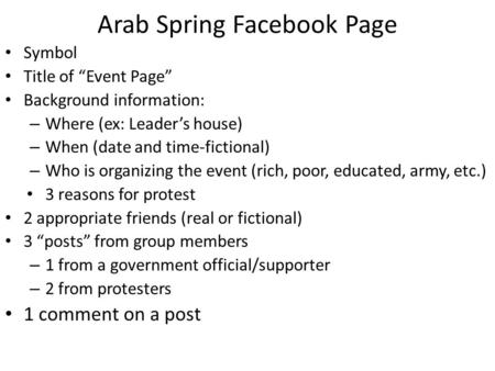 Arab Spring Facebook Page Symbol Title of “Event Page” Background information: – Where (ex: Leader’s house) – When (date and time-fictional) – Who is organizing.