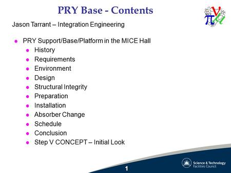 PRY Base - Contents l PRY Support/Base/Platform in the MICE Hall l History l Requirements l Environment l Design l Structural Integrity l Preparation l.