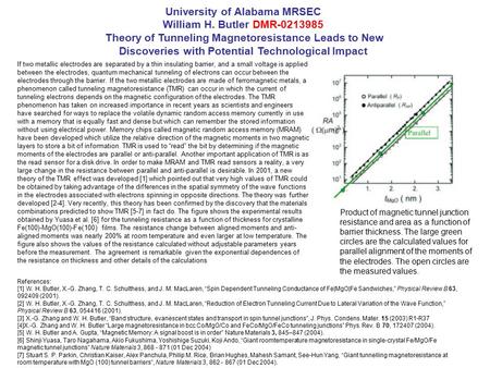 University of Alabama MRSEC William H. Butler DMR-0213985 Theory of Tunneling Magnetoresistance Leads to New Discoveries with Potential Technological Impact.