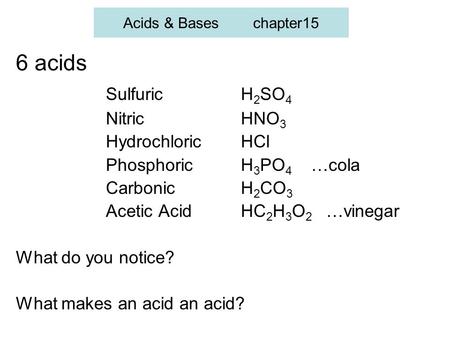 6 acids Sulfuric H2SO4 Nitric HNO3 Hydrochloric HCl