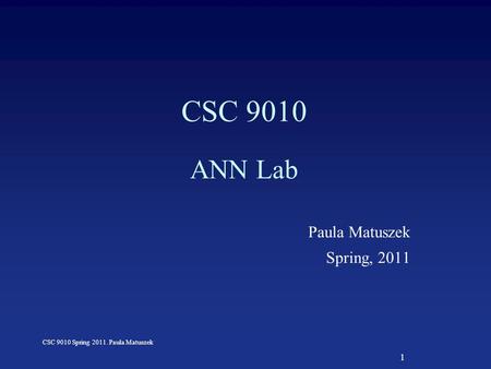 1 CSC 9010 Spring 2011. Paula Matuszek CSC 9010 ANN Lab Paula Matuszek Spring, 2011.