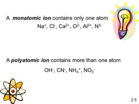 A monatomic ion contains only one atom A polyatomic ion contains more than one atom 2.5 Na +, Cl -, Ca 2+, O 2-, Al 3+, N 3- OH -, CN -, NH 4 +, NO 3 -