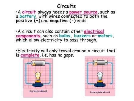 Circuits A circuit always needs a power source, such as a battery, with wires connected to both the positive (+) and negative (-) ends. A circuit can also.