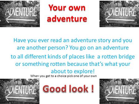 Have you ever read an adventure story and you are another person? You go on an adventure to all different kinds of places like a rotten bridge or something.