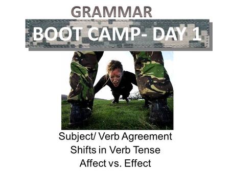 BOOT CAMP- DAY 1 Subject/ Verb Agreement Shifts in Verb Tense Affect vs. Effect.