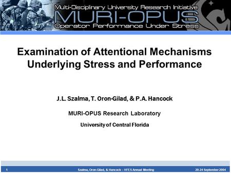20-24 September 2004Szalma, Oron-Gilad, & Hancock – HFES Annual Meeting1 Examination of Attentional Mechanisms Underlying Stress and Performance J.L. Szalma,