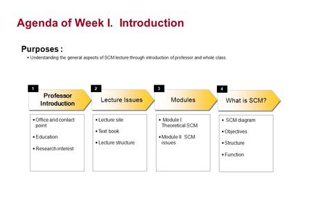 Agenda of Week I. Introduction Modules  Office and contact point  Education  Research interest Lecture Issues Professor Introduction 123  Lecture site.