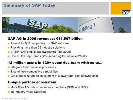© SAP AG 2009. All rights reserved. / Page 1 Summary of SAP Today SAP AG in 2008 revenues: €11.567 billion Around 92,000 companies run SAP software Providing.