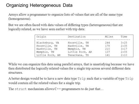 Organizing Heterogeneous Data Arrays allow a programmer to organize lists of values that are all of the same type (homogeneous). But we are often faced.
