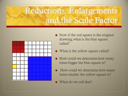 Reductions, Enlargements and the Scale Factor Now if the red square is the original drawing, what is the blue square called? What is the yellow square.
