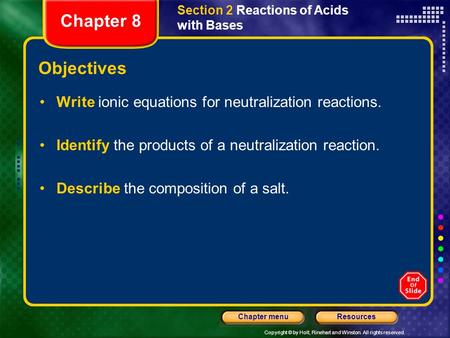 Copyright © by Holt, Rinehart and Winston. All rights reserved. ResourcesChapter menu Section 2 Reactions of Acids with Bases Objectives Write ionic equations.