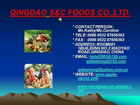 QINGDAO S&C FOODS CO.,LTD. * CONTACT PERSON: Ms.Kathy/Ms.Caroline * TELE: 0086 0532 87656363 * FAX : 0086 0532 87656363 * ADDRESS: ROOM601 1BUILIDING NO.3.