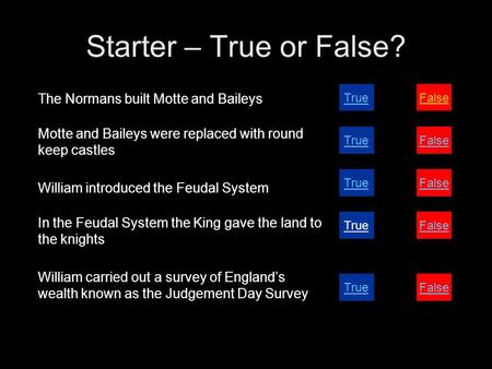 Starter – True or False? The Normans built Motte and Baileys Motte and Baileys were replaced with round keep castles William introduced the Feudal System.