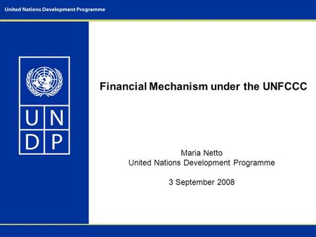 Financial Mechanism under the UNFCCC Maria Netto United Nations Development Programme 3 September 2008.