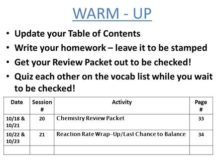 Update your Table of Contents Write your homework – leave it to be stamped Get your Review Packet out to be checked! Quiz each other on the vocab list.