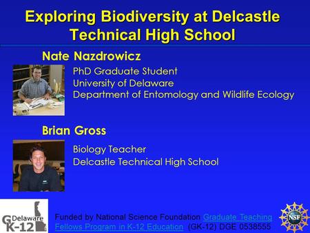 Exploring Biodiversity at Delcastle Technical High School Nate Nazdrowicz PhD Graduate Student University of Delaware Department of Entomology and Wildlife.
