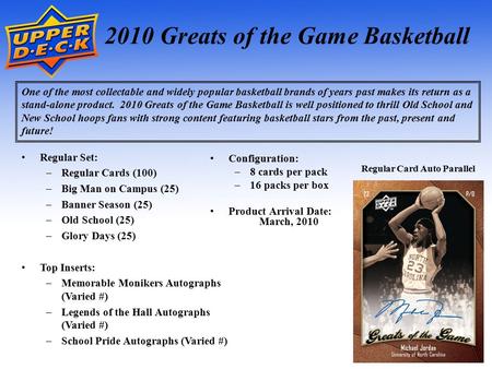 1 2010 Greats of the Game Basketball One of the most collectable and widely popular basketball brands of years past makes its return as a stand-alone product.