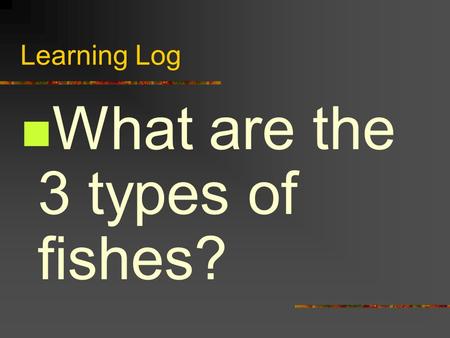 Learning Log What are the 3 types of fishes?. Answer -Bony Fishes -Jawless Fishes -Cartilaginous Fishes.