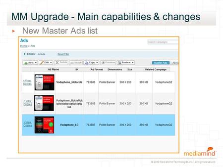 © 2010 MediaMind Technologies Inc. | All rights reserved ▸ New Master Ads list Animation if needed Is “Fade - very fast” MM Upgrade - Main capabilities.