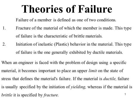 Theories of Failure Failure of a member is defined as one of two conditions. 1.Fracture of the material of which the member is made. This type of failure.