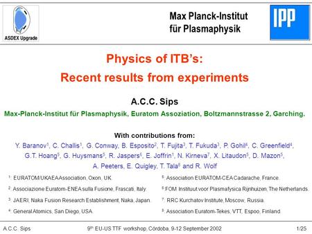 A.C.C. Sips 9 th EU-US TTF workshop, Córdoba, 9-12 September 20021/25 Physics of ITB’s: Recent results from experiments A.C.C. Sips Max-Planck-Institut.