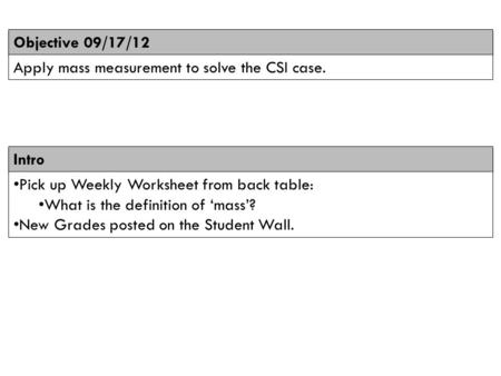 Intro Objective 09/17/12 Apply mass measurement to solve the CSI case. Pick up Weekly Worksheet from back table: What is the definition of ‘mass’? New.