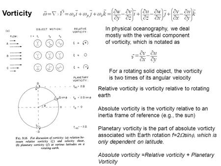 For a rotating solid object, the vorticity is two times of its angular velocity Vorticity In physical oceanography, we deal mostly with the vertical component.