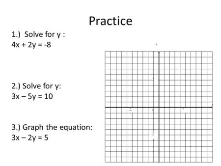 Practice 1.) Solve for y : 4x + 2y = -8 2.) Solve for y: 3x – 5y = 10 3.) Graph the equation: 3x – 2y = 5 x y O 5 5 5 5.