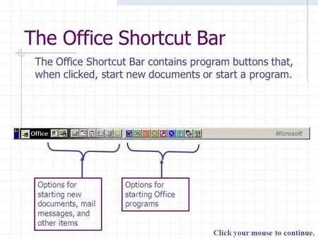 Click your mouse to continue. The Office Shortcut Bar The Office Shortcut Bar contains program buttons that, when clicked, start new documents or start.