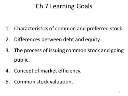 Ch 7 Learning Goals 1.Characteristics of common and preferred stock. 2.Differences between debt and equity. 3.The process of issuing common stock and going.