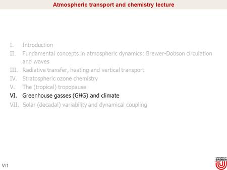 V/1 Atmospheric transport and chemistry lecture I.Introduction II.Fundamental concepts in atmospheric dynamics: Brewer-Dobson circulation and waves III.Radiative.