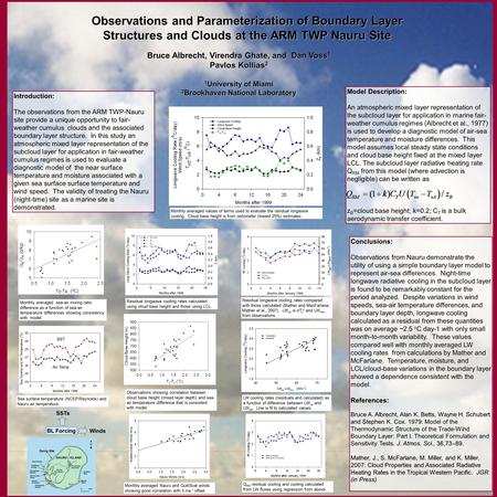 Observations and Parameterization of Boundary Layer Structures and Clouds at the ARM TWP Nauru Site Bruce Albrecht, Virendra Ghate, and Dan Voss 1 Pavlos.