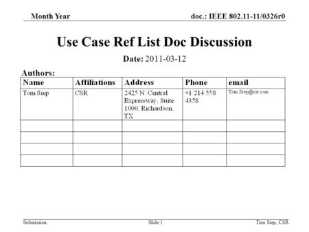 Doc.: IEEE 802.11-11/0326r0 Submission Month Year Tom Siep, CSRSlide 1 Use Case Ref List Doc Discussion Date: 2011-03-12 Authors: