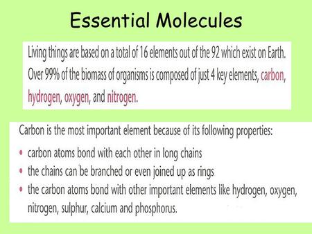 Essential Molecules. Some important elements Biological Molecules Organisms are made from a huge variety of organic and inorganic compounds. The most.