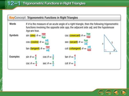 Concept. Example 1 Evaluate Trigonometric Functions Find the values of the six trigonometric functions for angle G. Use opp = 24, adj = 32, and hyp =