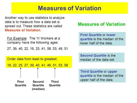 Measures of Variation For Example: The 11 Workers at a company have the following ages: 27, 39, 40, 22, 19, 25, 41, 58, 53, 49, 51 Order data from least.