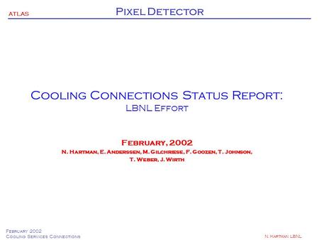 ATLAS Pixel Detector February 2002 Cooling Services Connections N. Hartman LBNL Cooling Connections Status Report: LBNL Effort February, 2002 N. Hartman,