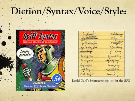 Diction/Syntax/Voice/Style: Roald Dahl’s brainstorming list for the BFG.