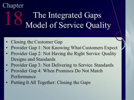McGraw-Hill/Irwin ©2003. The McGraw-Hill Companies. All Rights Reserved Chapter 18 The Integrated Gaps Model of Service Quality Closing the Customer Gap.