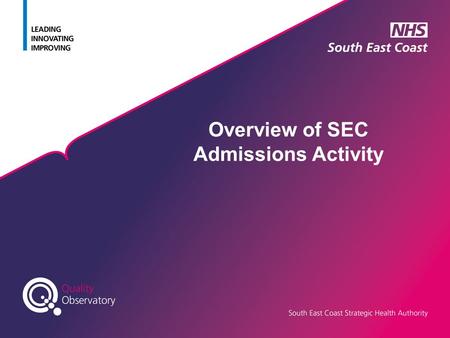 Overview of SEC Admissions Activity. Data Sources Ambulance Calls & A&E Attendances from Weekly SITREP Inpatient data sourced from SUS / trust extracts.