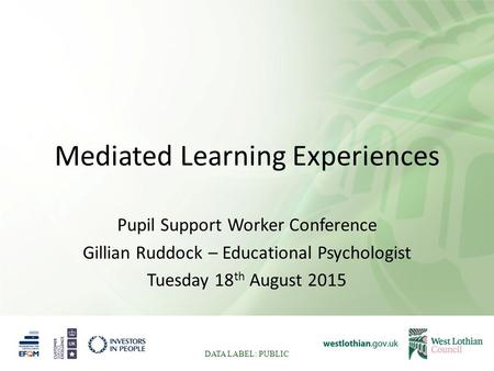 Mediated Learning Experiences Pupil Support Worker Conference Gillian Ruddock – Educational Psychologist Tuesday 18 th August 2015 DATA LABEL: PUBLIC.