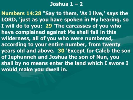 Joshua 1 – 2 Numbers 14:28 Say to them, 'As I live,' says the LORD, 'just as you have spoken in My hearing, so I will do to you: 29 'The carcasses of.