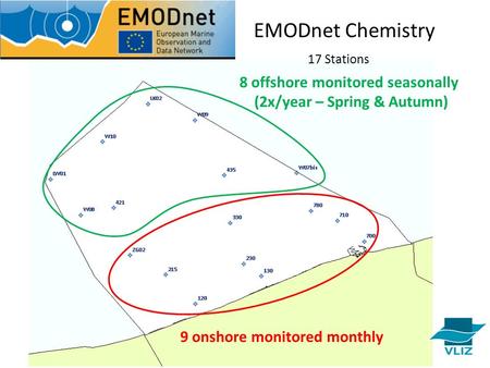 9 onshore monitored monthly 8 offshore monitored seasonally (2x/year – Spring & Autumn) EMODnet Chemistry 17 Stations.