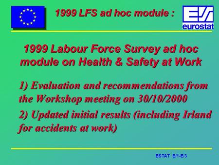 ESTAT E/1-E/3 1999 LFS ad hoc module : 1999 Labour Force Survey ad hoc module on Health & Safety at Work 1) Evaluation and recommendations from the Workshop.