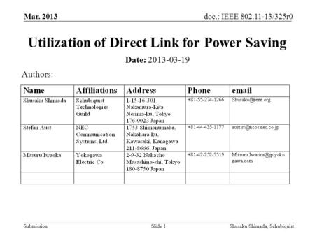 Submission doc.: IEEE 802.11-13/325r0 Mar. 2013 Shusaku Shimada, SchubiquistSlide 1 Utilization of Direct Link for Power Saving Date: 2013-03-19 Authors: