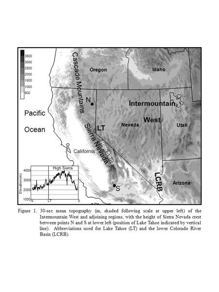 500 1000 1500 2000 2500 3000 3500 Figure 1. 30-sec mean topography (m, shaded following scale at upper left) of the Intermountain West and adjoining regions,