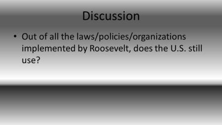 Discussion Out of all the laws/policies/organizations implemented by Roosevelt, does the U.S. still use?