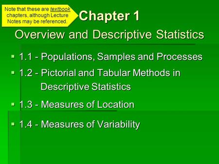 Chapter 1 Overview and Descriptive Statistics 1111.1 - Populations, Samples and Processes 1111.2 - Pictorial and Tabular Methods in Descriptive.
