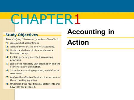 CHAPTER1 Accounting in Action. Chapter 1: Accounting in action What is accounting?The building blocks of accountingThe basic accounting equationUsing.