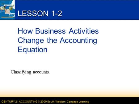 CENTURY 21 ACCOUNTING © 2009 South-Western, Cengage Learning LESSON 1-2 How Business Activities Change the Accounting Equation Classifying accounts.